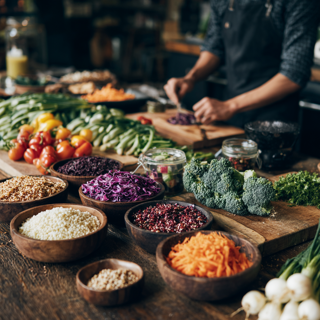 Diverse healthy meal preparations featuring vegetables and grains arranged by mature chef
