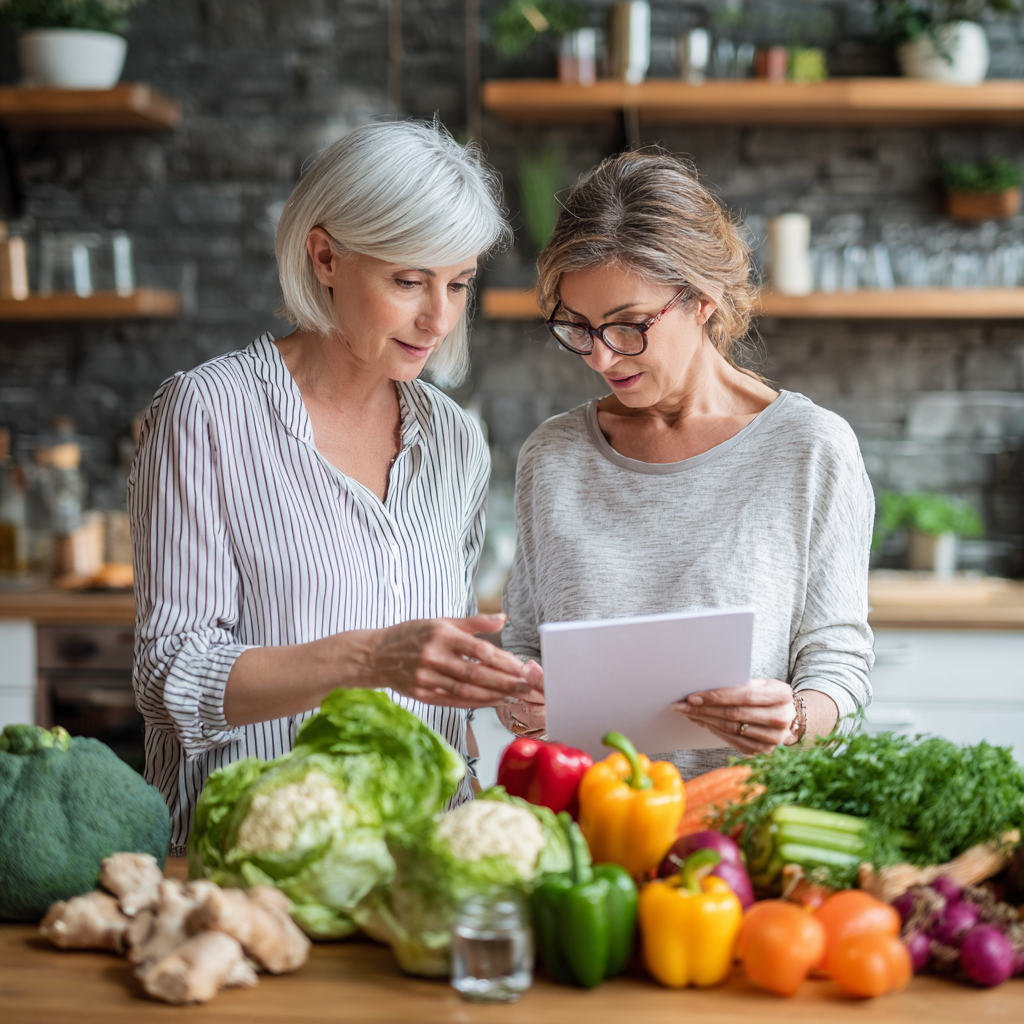 Nutritionist consulting with middle-aged woman about healthy meal planning